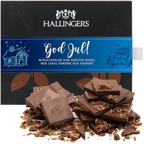 Hallingers God Jul, blue - Svenska - Schwedische Edition Vollmilch Edel-Schokolade mit Honig & Joghurt - handmade, alkoholfrei (Box) - Ostergeschenke Osterkörbchen Ostereier & als Osterdeko | Glückwun von Hallingers Genuss Manufaktur