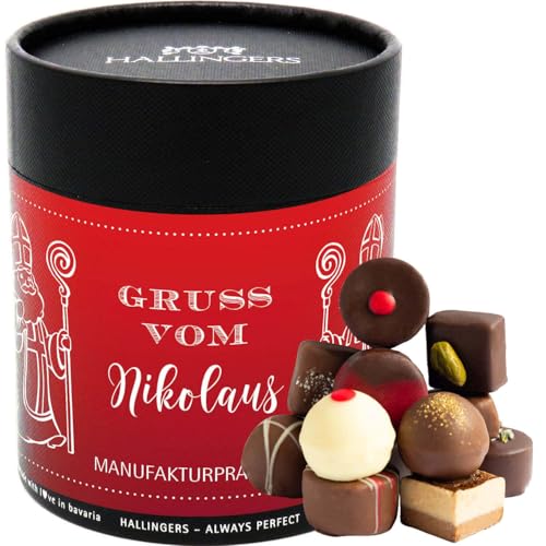 Hallingers Gruß vom Nikolaus - Weihnachten Manufaktur Pralinen Geschenk handmade ohne Alkohol aus Edelkakao Schokolade (Dose) - Valentinstag als Geschenk für ihn & Geschenk für sie | Glückwunsch Danke von Hallingers Genuss Manufaktur