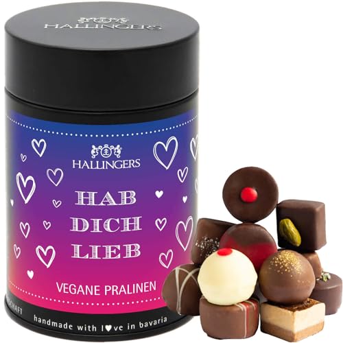 Hallingers Hab Dich Lieb - Vegane Manufaktur Pralinen Geschenk handmade teils mit Alkohol aus veganer Schokolade (Dose) - Ostergeschenke Osterkörbchen Ostereier & als Osterdeko | Danke Jahrestag Genes von Hallingers Genuss Manufaktur