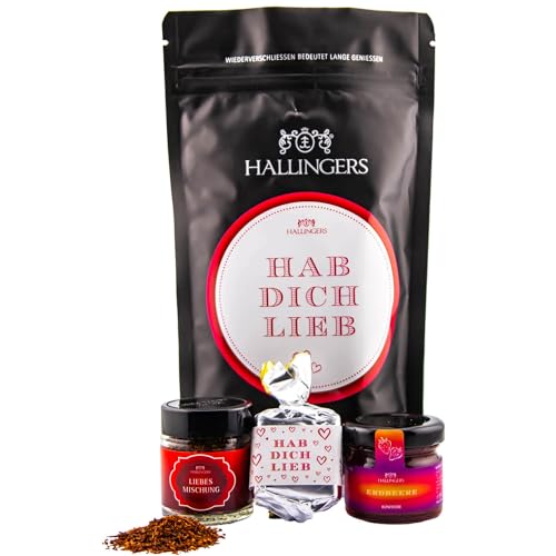 Hallingers Hab Dich lieb - Valentinstag Wundertüte Geschenkset Nougat Busserl, Roibuschtee & Erdbeer Konfitüre aus Liebe (Set) - Geschenkideen Weihnachten & Geschenke Weihnachten | Glückwunsch Jahrest von Hallingers Genuss Manufaktur