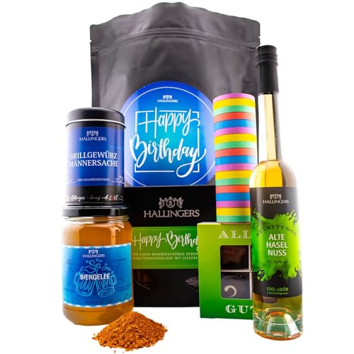 Hallingers Happy Birthday Blue XXL - Geburtstag Wundertüte XXL Geschenkset Biergelée Pralinen Haselnusslikör Schokolade Luftschlange (Set) - Adventskalender Neuheiten & Adventskalender befüllen | Gebu von Hallingers Genuss Manufaktur