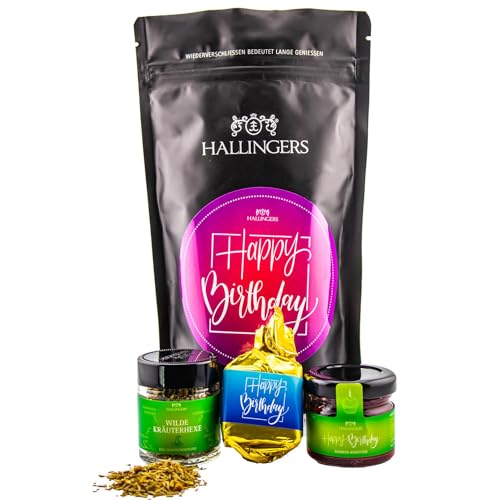 Hallingers Happy Birthday Pink - Geburtstag Wundertüte Geschenkset Nougat Busserl, Kräutergewürz & Erdbeer Konfitüre - Jubeltag (Set) - Adventskalender Neuheiten & Adventskalender befüllen | Geburtsta von Hallingers Genuss Manufaktur