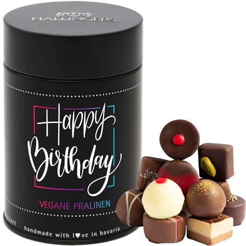 Hallingers Happy Birthday - Vegane Manufaktur Pralinen Geschenk handmade teils mit Alkohol aus veganer Schokolade (Dose) - Geschenkideen Weihnachten & Geschenke Weihnachten | Geburtstag Glückwunsch Da von Hallingers Genuss Manufaktur