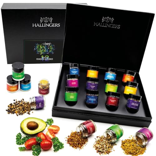 Hallingers Happy New Year Green - Silvester zu Neujahr 12 Gewürze Geschenkset, Geschenkbox Gewürze, Gewürze Geschenkset (Set) - Valentinstag als Geschenk für ihn & Geschenk für sie | Neues Zuhause Glü von Hallingers Genuss Manufaktur