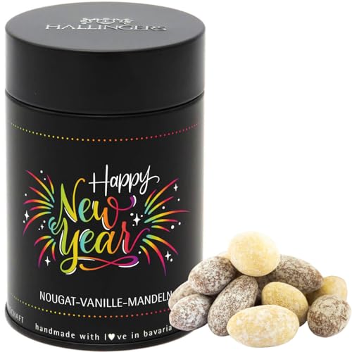 Hallingers Happy New Year - Nougat-schokolierte Vanille-Mandeln Geschenk Mitbringsel für Silvester handgemacht (Dose) - Valentinstag als Geschenk für ihn & Geschenk für sie | Glückwunsch Freundschaft von Hallingers Genuss Manufaktur