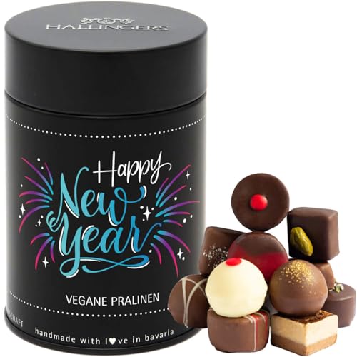 Hallingers Happy New Year - vegan - Vegane Manufaktur Pralinen Silvester Geschenk handmade teils mit Alkohol vegane Schokolade für Neujahr (Dose) - Ostergeschenke Osterkörbchen Ostereier & als Osterde von Hallingers Genuss Manufaktur