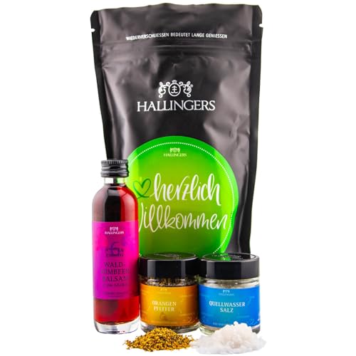 Hallingers Herzlich willkommen - Glückwünsche Wundertüte Geschenkset Quellwasser Salz, Orangen Pfeffer & Himbeer Balsam - welcome (Set) - Adventskalender Neuheiten & Adventskalender befüllen | Geburts von Hallingers Genuss Manufaktur