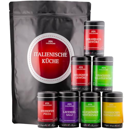 Hallingers Italienische Küche - Wundertüte XXL Gourmet Gewürze Geschenkset mit 7 Aromadosen - Gewürzmischungen & Salz (Set) - Adventskalender Neuheiten & Adventskalender befüllen | Geburtstag Glückwun von Hallingers Genuss Manufaktur