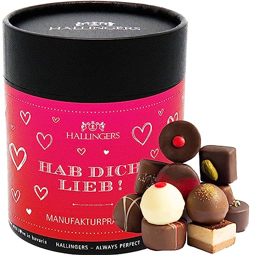 Hallingers Hab Dich lieb XXL - Valentinstag Manufaktur Pralinen Geschenk handmade ohne Alkohol aus Edelkakao Schokolade (Dose) - Adventskalender Neuheiten & Adventskalender befüllen | Danke Jahrestag von Hallingers Genuss Manufaktur