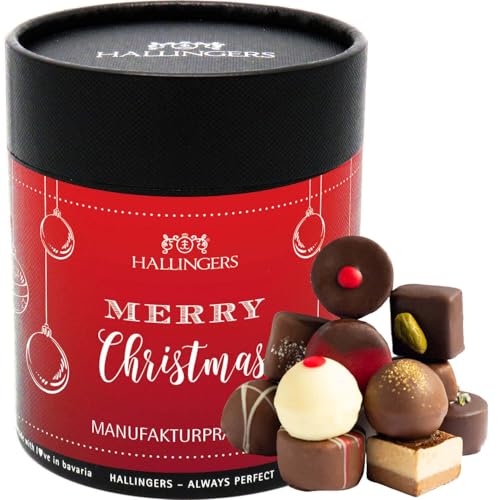 Hallingers Merry Christmas - Weihnachten Manufaktur Pralinen Geschenk handmade ohne Alkohol aus Edelkakao Schokolade (Dose) - Adventskalender Neuheiten & Adventskalender befüllen | Glückwunsch Danke F von Hallingers Genuss Manufaktur