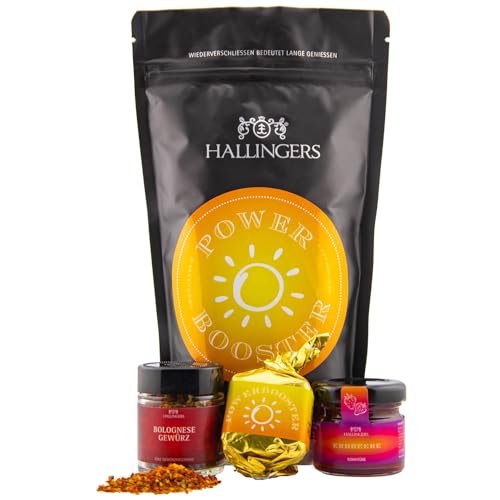 Hallingers Power Booster - Energie Wundertüte Geschenkset Nougat Busserl Bolognese Gewürz & Erdbeer Konfitüre für Power (Set) - Adventskalender Neuheiten & Adventskalender befüllen | Geburtstag Glückw von Hallingers Genuss Manufaktur