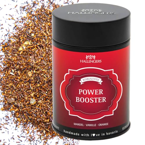 Hallingers Power Booster - Loser Roibusch-Tee/Rooibos mit Mandel, Vanille & Orange (Dose) - Adventskalender Neuheiten & Adventskalender befüllen | Geburtstag Glückwunsch Genesung Jahrestag Freundschaf von Hallingers Genuss Manufaktur