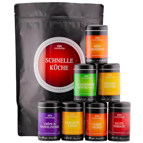 Hallingers Schnelle Küche - Wundertüte XXL Gourmet Gewürze Geschenkset mit 7 Aromadosen - Gewürzmischungen & Salz (Set) - Ostergeschenke Osterkörbchen Ostereier & als Osterdeko | Geburtstag Glückwunsc von Hallingers Genuss Manufaktur