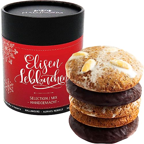 Hallingers Selection - 5 saftige Elisen-Lebkuchen hoher Kernanteil handgemacht in edler Papierdose (Dose) - Adventskalender Neuheiten & Adventskalender befüllen | Danke Silvester Neues Zuhause Genesun von Hallingers Genuss Manufaktur