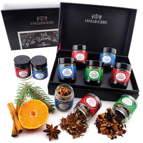 Hallingers Frohe Weihnachten WHITE - 5 Sorten Tee Geschenkset mit Box vegan, zu Weihnachten in Schraubgläsern (Set) - Geschenk im Sommer & als perfektes Grillgeschenk | Genesung Silvester Freundschaft von Hallingers Genuss Manufaktur