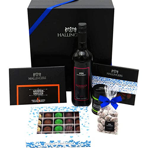 Hallingers Vatertag Big Box Blue - Vatertagsgeschenk Geschenk Set Schokolade Pralinen Wein Gewürze & Nougat zum Vatertag für Papa (Set) - Geschenkideen Weihnachten & Geschenke Weihnachten | Danke Jahr von Hallingers Genuss Manufaktur