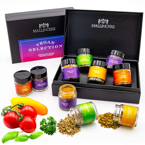 Hallingers Vegan Selection - 5 vegane Gewürze vegetarisch Set Geschenkset handmade fünf Gewürzgläser in Gewürz Organizer (Set) - Ostergeschenke Osterkörbchen Ostereier & als Osterdeko | Geburtstag Glü von Hallingers Genuss Manufaktur