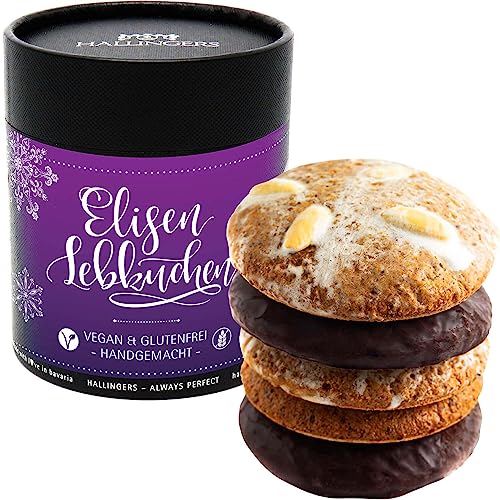 Hallingers Vegan & glutenfrei - 5 vegane Elisen-Lebkuchen hoher Kernanteil handgemacht in edler Papierdose (Dose) - Adventskalender Neuheiten & Adventskalender befüllen | Danke Silvester Neues Zuhause von Hallingers Genuss Manufaktur