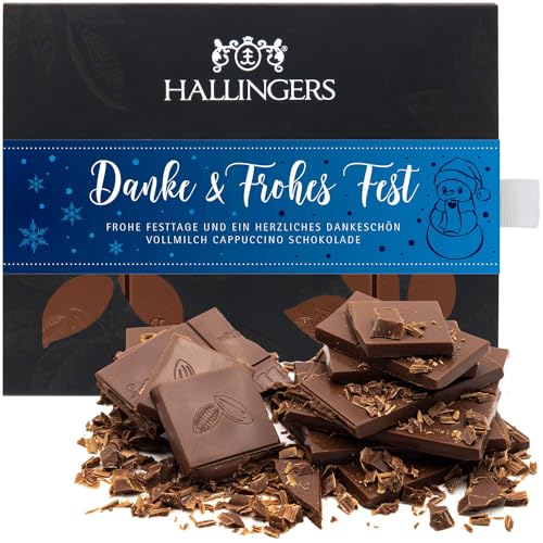 Hallingers Danke & Frohes Fest - Vollmilch Edel-Schokolade mit Cappuccino - handmade, alkoholfrei (Box) - Geschenkideen Weihnachten & Geschenke Weihnachten | Glückwunsch Danke Freundschaft Genesung von Hallingers Genuss Manufaktur