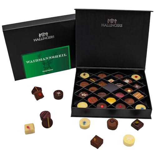 Hallingers Waidmannsheil - 24 Manufaktur Pralinen Geschenk edle FirstClass handmade ohne Alkohol aus Edelkakao Schokolade (Box) - Valentinstag als Geschenk für ihn & Geschenk für sie | Geburtstag Glüc von Hallingers Genuss Manufaktur