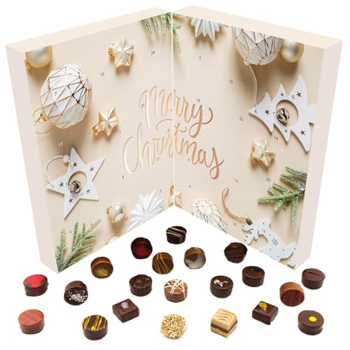 Hallingers White Christmas - Veganer Adventskalender Pralinen Geschenk handmade teils mit Alkohol aus Schokolade vegan (Box) - Adventskalender Neuheiten & Adventskalender befüllen | Glückwunsch Chanuk von Hallingers Genuss Manufaktur