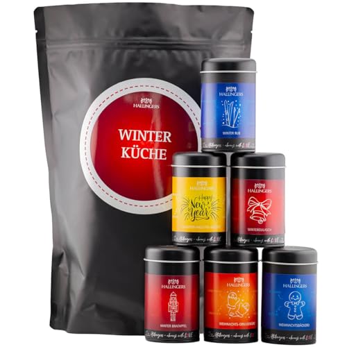 Hallingers Winterküche - Wundertüte XXL Gourmet Gewürze Geschenkset mit 6 Aromadosen - Gewürzmischungen für Weihnachten (Set) - Adventskalender Neuheiten & Adventskalender befüllen | Neues Zuhause Ruh von Hallingers Genuss Manufaktur