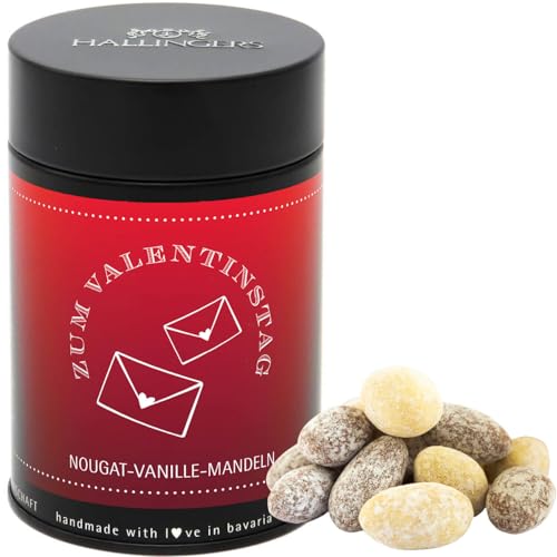 Hallingers Zum Valentinstag - Nougat-schokolierte Vanille-Mandeln Geschenk zum Valentinstag handgemacht (Dose) - Valentinstag als Geschenk für ihn & Geschenk für sie | Glückwunsch Jahrestag Freundscha von Hallingers Genuss Manufaktur