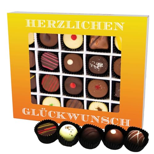 Hallingers Herzlichen Glückwunsch XL - Manufaktur Pralinen Geschenk handmade teils mit Alkohol aus Edelkakao Schokolade (Box) - Adventskalender Neuheiten & Adventskalender befüllen | Geburtstag Glückw von Hallingers Genuss Manufaktur