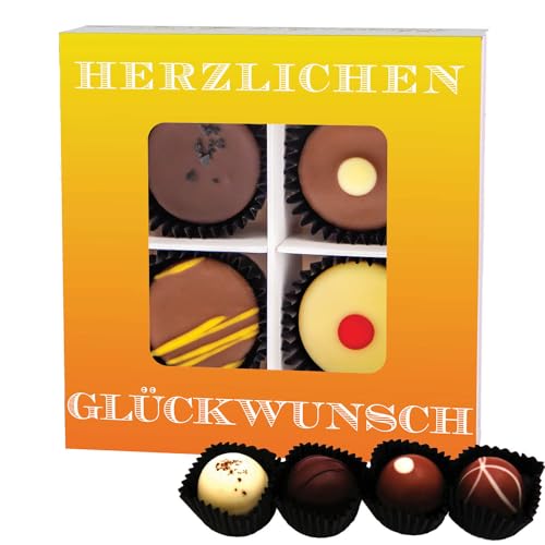 Hallingers Herzlichen Glückwunsch - Manufaktur Pralinen Geschenk handmade teils mit Alkohol aus Edelkakao Schokolade (Box) - Ostergeschenke Osterkörbchen Ostereier & als Osterdeko | Geburtstag Glückwu von Hallingers Genuss Manufaktur