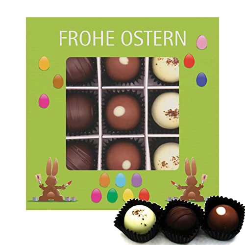 Hallingers Frohe Ostern grün L - Ostergeschenke für Osterkörbchen zu Ostern, Pralinen handmade teils mit Alkohol (Box) - Ostergeschenke Osterkörbchen Ostereier & als Osterdeko | Glückwunsch Glückwünsc von Hallingers Genuss Manufaktur