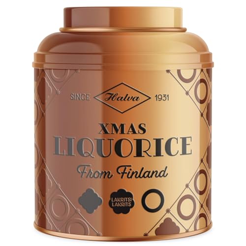 Halva Xmas Liquorice Geschenkdose aus Finnland, Lakritze mit Apfel-Zimt und Glühwein-Geschmack von Halva