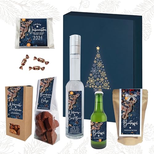 Geschenkkorb Weihnachten | Geschenkset mit Lebkuchen-Sahne Likör, Sahne-Kakao Mandeln, Eierpunsch-Elche, Feine Knusperwaffel und Glühweinbonbon (Lino 3) von Handelsagentur Kasberger