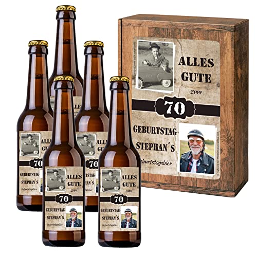 Personalisiertes Bier mit Wunschtext und Foto | 5 x 0,33 l Dinkelbier als Geschenkset | Persönliche Geschenkbox zum Geburtstag (Geschenkbox mit 5 Fl., Holzoptik) von Handelsagentur Kasberger