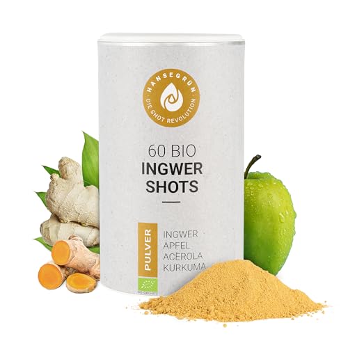 Hansegrün - Bio Ingwer Shots (60 Stk.) - Veganes Superfood-Pulver für das Immungsystem und den Stoffwechsel - mit Kurkuma, Zitronenschale & Acerola - 100% echte Zutaten zur täglichen Zubereitung von Hansegrün