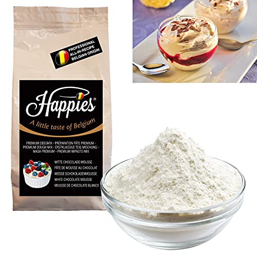 Happies luftiges und leckeres Mousse au Chocolat blanc/Schokoladenmousse weiß! Einfach mit kalter Milch mischen und maschinell zu einer festen Konsistenz schlagen. Kaltstellen und genießen! von Happies A Little Taste of Belgium