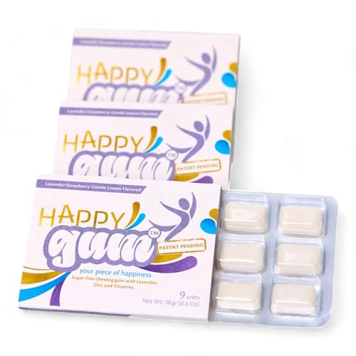 HappyGum Kaugummi Triple Pack 3 x 9 Stück - Zuckerfreier Kaugummi mit Lavendelöl Zink und Vitaminen von HappyGum