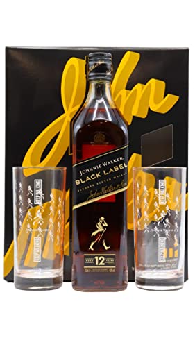 Johnnie Walker Black Label 12 Jahre Blended Scotch Whisky 700ml mit 2 Highball Gläsern von Hard To Find