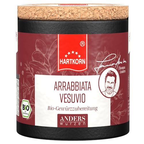 Anders Würzen Korkdose Bio Arrabbiata Vesuvio Gewürzzubereitung, 45 g in der Pappwickeldose mit Korkdeckel von Hartkorn - wiederverschließbar und wiederbefüllbar - entwickelt mit Thomas Anders von Hartkorn