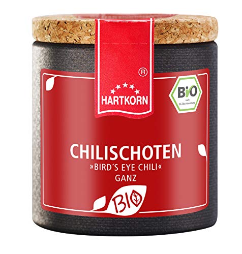 BIO - Chili Schoten, ganz - 20 g in der Pappwickeldose mit Korkdeckel von Hartkorn - wiederverschließbar und wiederbefüllbar - mit Bio Siegel Zertifiziert von Hartkorn