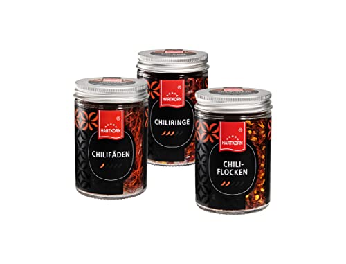 Hartkorn - Feinkost Chili Gewürzset (3-teilig) Gourmetgewürze im Glas (Chilifäden, Chiliringe, Chiliflocken) von Hartkorn