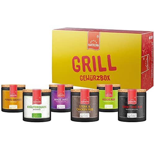 Hartkorn - Grill Gewürzbox (6-teilig) Young Kitchen (Smoky BBQ Rub, Steak & Chicken Rub, Kräuterquark, Veggie Rub, Potato Wedges, Magic Dust) - Geschenkset für Grillbegeisterte Männer und Frauen von Hartkorn