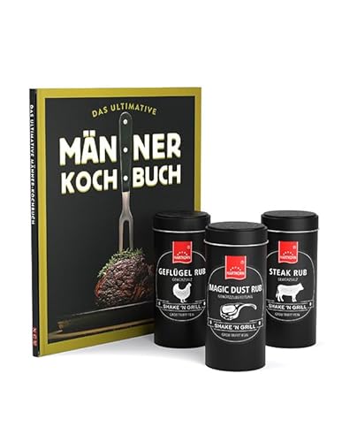 Hartkorn - Männer Geschenkset – inkl. Männer-Kochbuch (4-teilig) - Shake´n Grill (Geflügel Rub Gewürzsalz, Steak Rub Gewürzsalz, Magic Dust Rub Gewürzzubereitung) - Geschenkset von Hartkorn