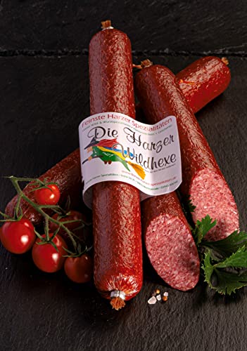 Harzer Wildhexe | mild geräucherte Edelsalami aus Wildschweinfleisch und Hirschfleisch | Wildsalami | Wildwurst Spezialität aus dem Harz | Vakuumverpackung von Harzer Spezialitäten Kaufhaus