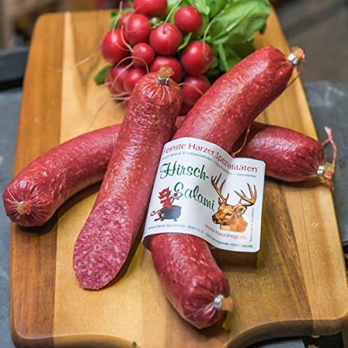 Hirschsalami | mild geräucherte Edelsalami aus Hirschfleisch | Wildsalami | Wildwurst Spezialität aus dem Harz | Vakuumverpackung von Harzer Spezialitäten Kaufhaus