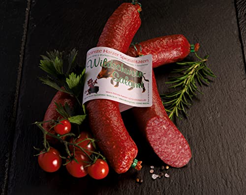 Wildschweinsalami | mild geräucherte Edelsalami aus Wildschweinfleisch | Wildsalami | Wildwurst Spezialität aus dem Harz | Vakuumverpackung von Harzer Spezialitäten Kaufhaus