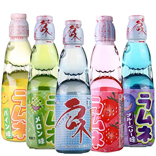 Hatakosen Ramune Limonade, fruchtiges Geschenkset, 5 Flaschen à 200 ml, Original, Erdbeere, Melone, Heidelbeere und Ananasgeschmack von Hatakosen