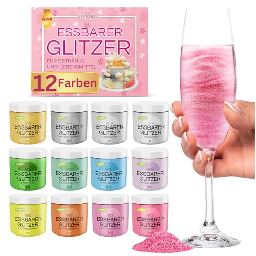 He-Ju Essbarer Glitzer für Getränke und Lebensmittel 12 x 3g Edible Glitter, OHNE E171, Vegan, Glutenfrei, Laktosefrei, Zuckerfrei - Perfekter Essbarer Glitzer für jeden Anlass von He-Ju