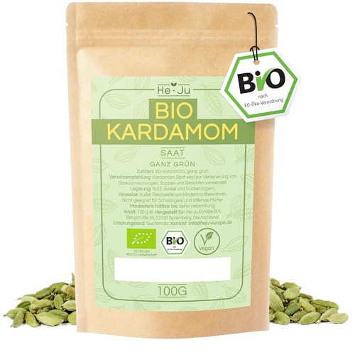 He-Ju Bio Kardamom Ganz Grün 100g, natürliche, vegane Kardamom Kapseln, Kardamomsaat frei von Zusätzen zur Verfeinerung von Würzmischungen, Suppen und Gerichten von He-Ju