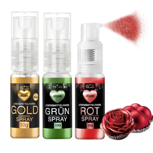 He-Ju Lebensmittelfarbe Spray 3x 10g, gold, rot, grün, Goldpulver essbar vegan und E171 frei, essbarer Glitzer für Getränke von He-Ju