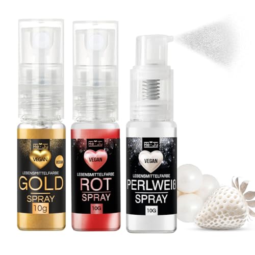 He-Ju Lebensmittelfarbe Spray 3x 10g, rot, gold, perlweiß, Goldpulver essbar vegan und E171 frei, essbarer Glitzer für Getränke von He-Ju